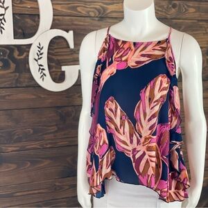 Mossimo |‎ Tropical Leaf Print Ruffle Cami High-Neck Halter Tank Top Open Back